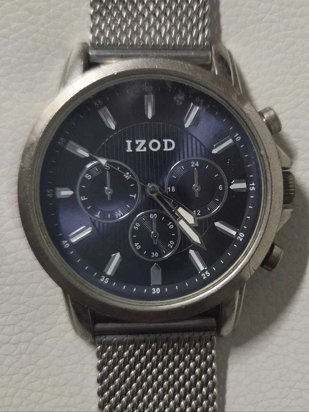 IZOD Men's S. Steel Mesh Watch Navy Face Quartz Movement 46 mm water resistant